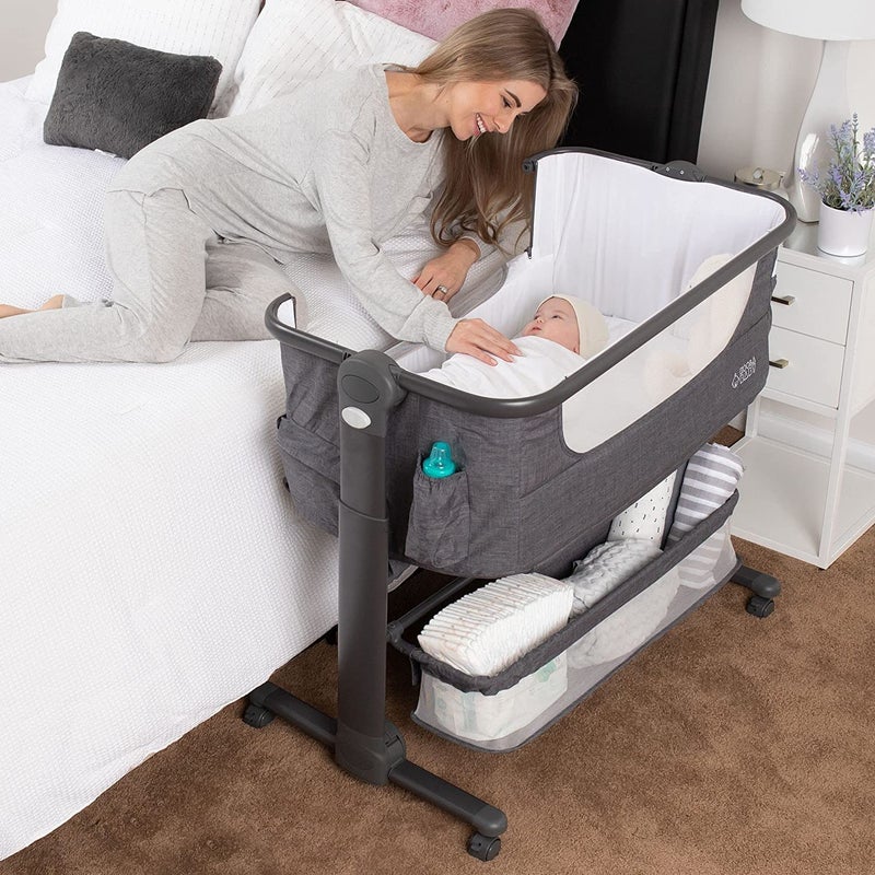 KoolerThings Baby Bassinet Bedside Sleeper for Baby Easy Folding Portable Crib with Storage Basket for Newborn Bedside Bassinet Comfy MattressTravel Bag Included Bassinet Grey