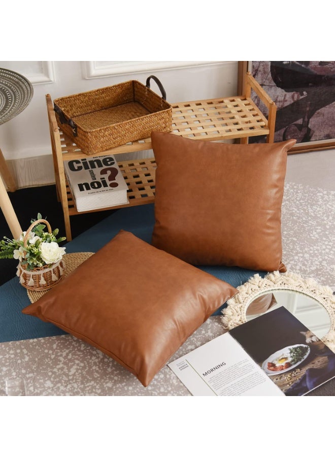 Home Care Faux Leather Throw Pillow Covers, 18 x 18 inch Set of 2 Luxury Cognac Brown Modern Pillowcases Solid Decorative Square Cushion Cases for Bedroom Living Room Couch Bed Sofa (Brown, 18" x 18") - Image 3