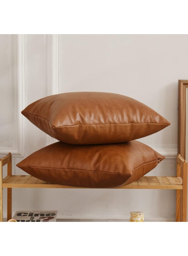 Home Care Faux Leather Throw Pillow Covers, 18 x 18 inch Set of 2 Luxury Cognac Brown Modern Pillowcases Solid Decorative Square Cushion Cases for Bedroom Living Room Couch Bed Sofa (Brown, 18" x 18") - Image 4