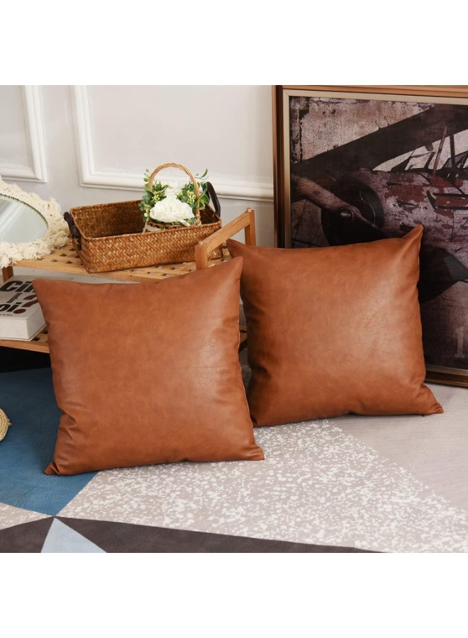 Home Care Faux Leather Throw Pillow Covers, 18 x 18 inch Set of 2 Luxury Cognac Brown Modern Pillowcases Solid Decorative Square Cushion Cases for Bedroom Living Room Couch Bed Sofa (Brown, 18" x 18") - Image 5
