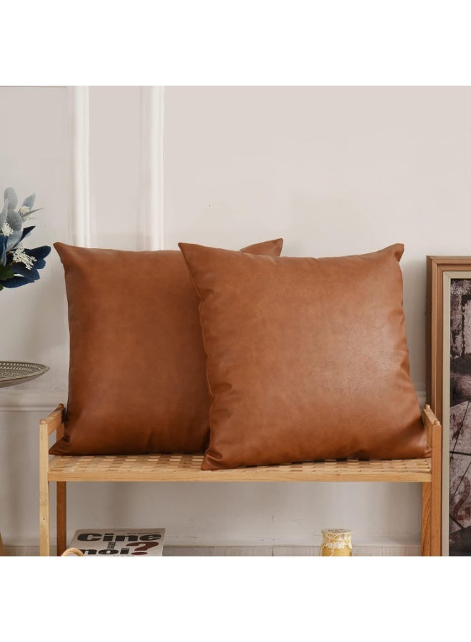 Home Care Faux Leather Throw Pillow Covers, 18 x 18 inch Set of 2 Luxury Cognac Brown Modern Pillowcases Solid Decorative Square Cushion Cases for Bedroom Living Room Couch Bed Sofa (Brown, 18" x 18") - Image 2