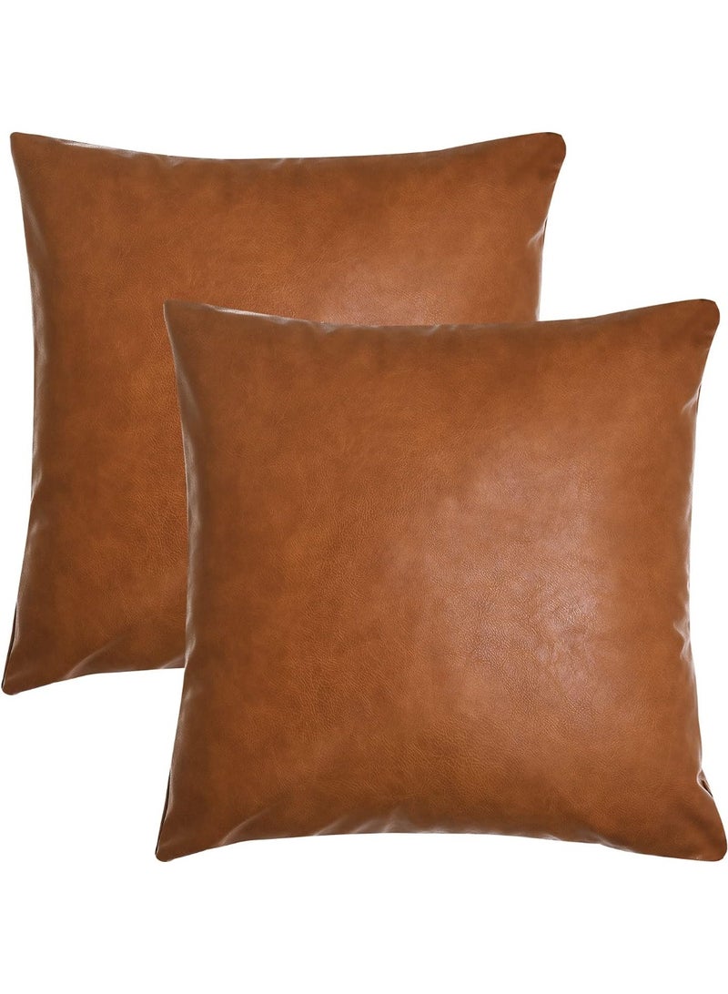 Home Care Faux Leather Throw Pillow Covers, 18 x 18 inch Set of 2 Luxury Cognac Brown Modern Pillowcases Solid Decorative Square Cushion Cases for Bedroom Living Room Couch Bed Sofa (Brown, 18" x 18") - Image 1