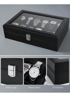 Ohuhu Ohuhu Watch Case Organizer Box 12 Slot Black Watch Holder PU Leather Real Glass Lid Watch Display Case Watch Storage Jewelry Organization for Men and Women Perfect Gifts  - Image 3