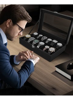 Ohuhu Ohuhu Watch Case Organizer Box 12 Slot Black Watch Holder PU Leather Real Glass Lid Watch Display Case Watch Storage Jewelry Organization for Men and Women Perfect Gifts  - Image 5