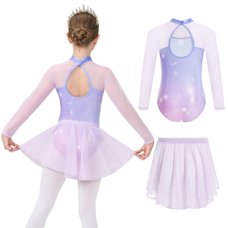 Gogokids Ballet Leotards for Girls Long Sleve Lace Leotards Toddler Dance Dress with Removable Skirt Combo for 3-12 Years - Image 1