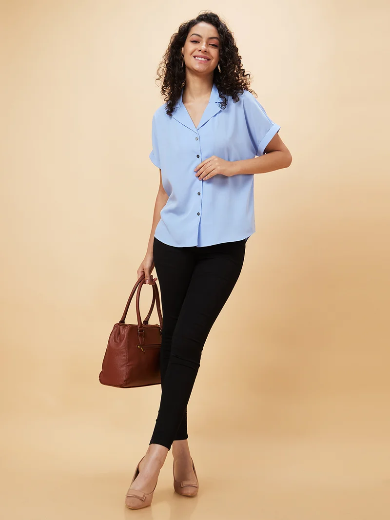 globus Women Blue Notch Lapel Collar Shirt Styled Top