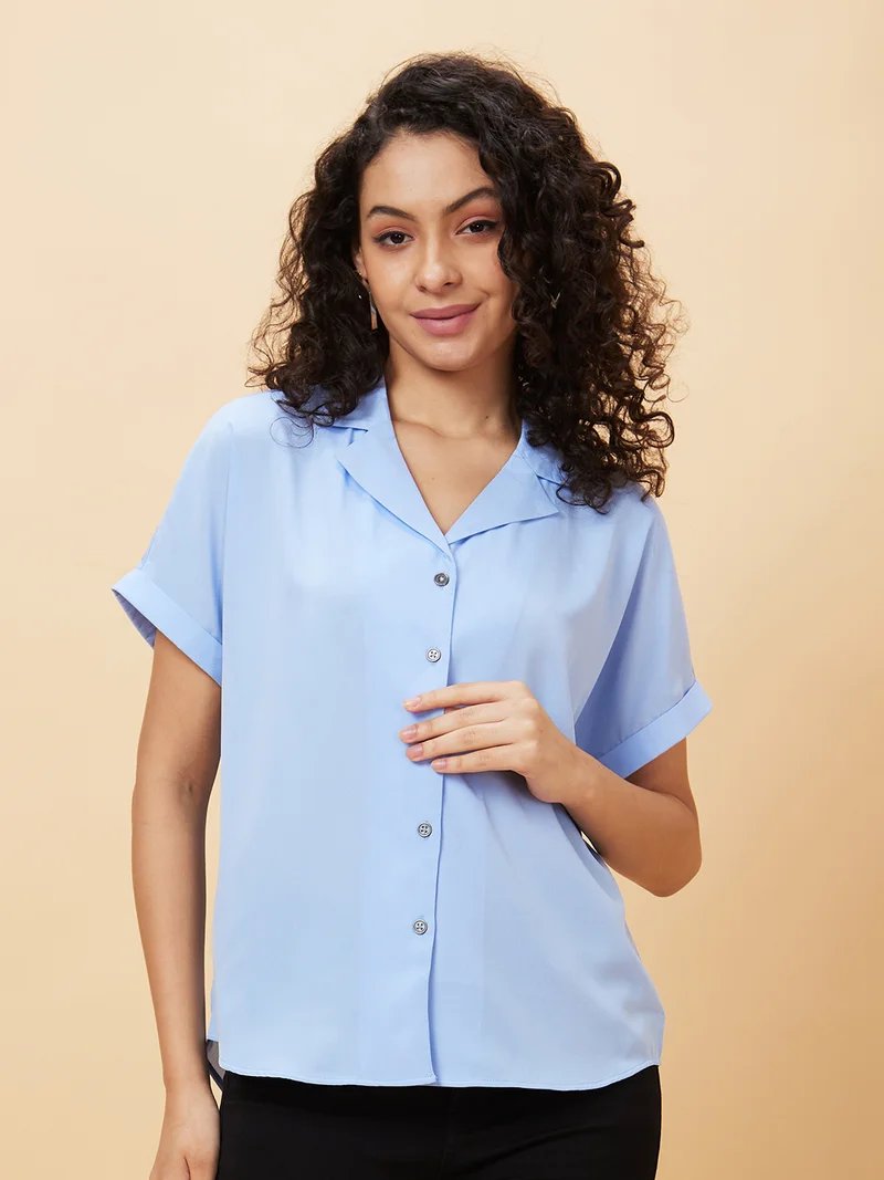 globus Women Blue Notch Lapel Collar Shirt Styled Top