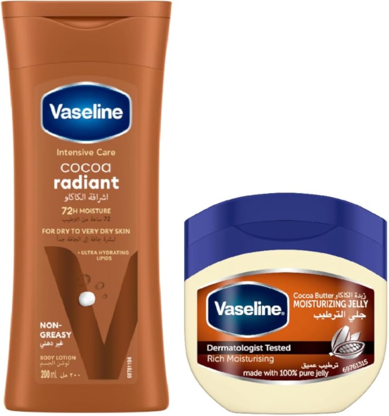 Vaseline (Lotion intensive care cocoa 200ML + Cocoa Butter Healing Jelly 100G) Bundle