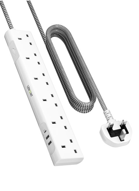 Extension Lead with USB C Port, 3250W 13A, 6 Way Outlets Power Strip with 1 USB-C and 2 USB Slots, Multi Power Plug Extension with 1.8M Braided Extension Cord for Home Office, White
