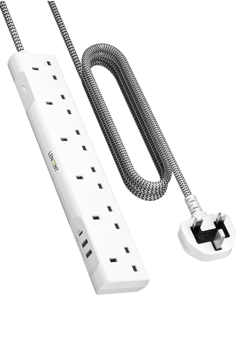 لينسينت - LENCENT وصلة تمديد مع منفذ USB C ، 3250 واط 13 أمبير ، 6 منافذ توصيل الطاقة مع 1 USB-C و 2 USB ، وصلة تمديد متعدد الطاقة مع سلك تمديد مضفر 1.8 متر للمنزل والمكتب ، أبيض - Image 1