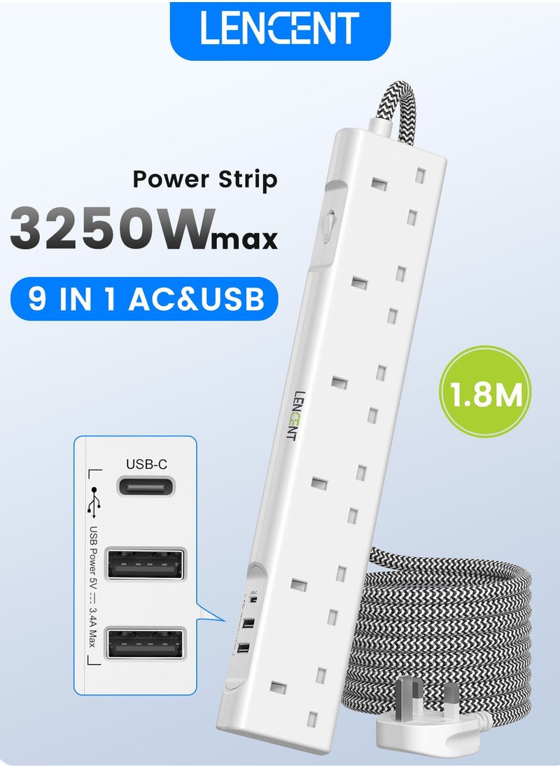 Extension Lead with USB C Port, 3250W 13A, 6 Way Outlets Power Strip with 1 USB-C and 2 USB Slots, Multi Power Plug Extension with 1.8M Braided Extension Cord for Home Office, White