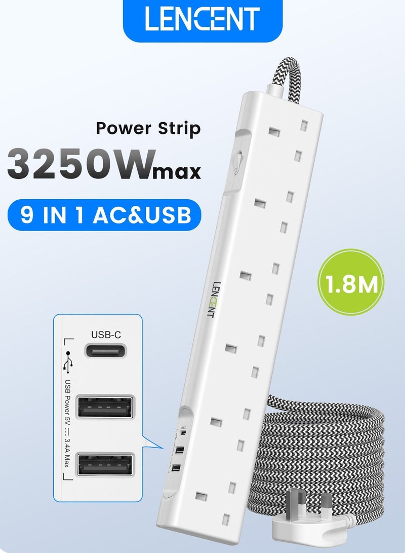 Lencent Extension Lead with USB C Port, 3250W 13A, 6 Way Outlets Power Strip with 1 USB-C and 2 USB Slots, Multi Power Plug Extension with 1.8M Braided Extension Cord for Home Office, White - Image 1