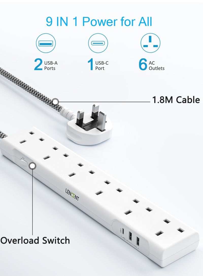 Lencent Extension Lead with USB C Port, 3250W 13A, 6 Way Outlets Power Strip with 1 USB-C and 2 USB Slots, Multi Power Plug Extension with 1.8M Braided Extension Cord for Home Office, White - Image 2