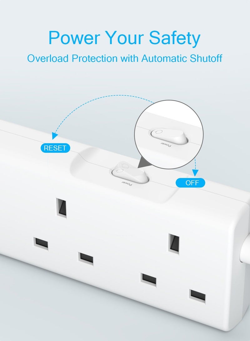 Lencent Extension Lead with USB C Port, 3250W 13A, 6 Way Outlets Power Strip with 1 USB-C and 2 USB Slots, Multi Power Plug Extension with 1.8M Braided Extension Cord for Home Office, White - Image 3
