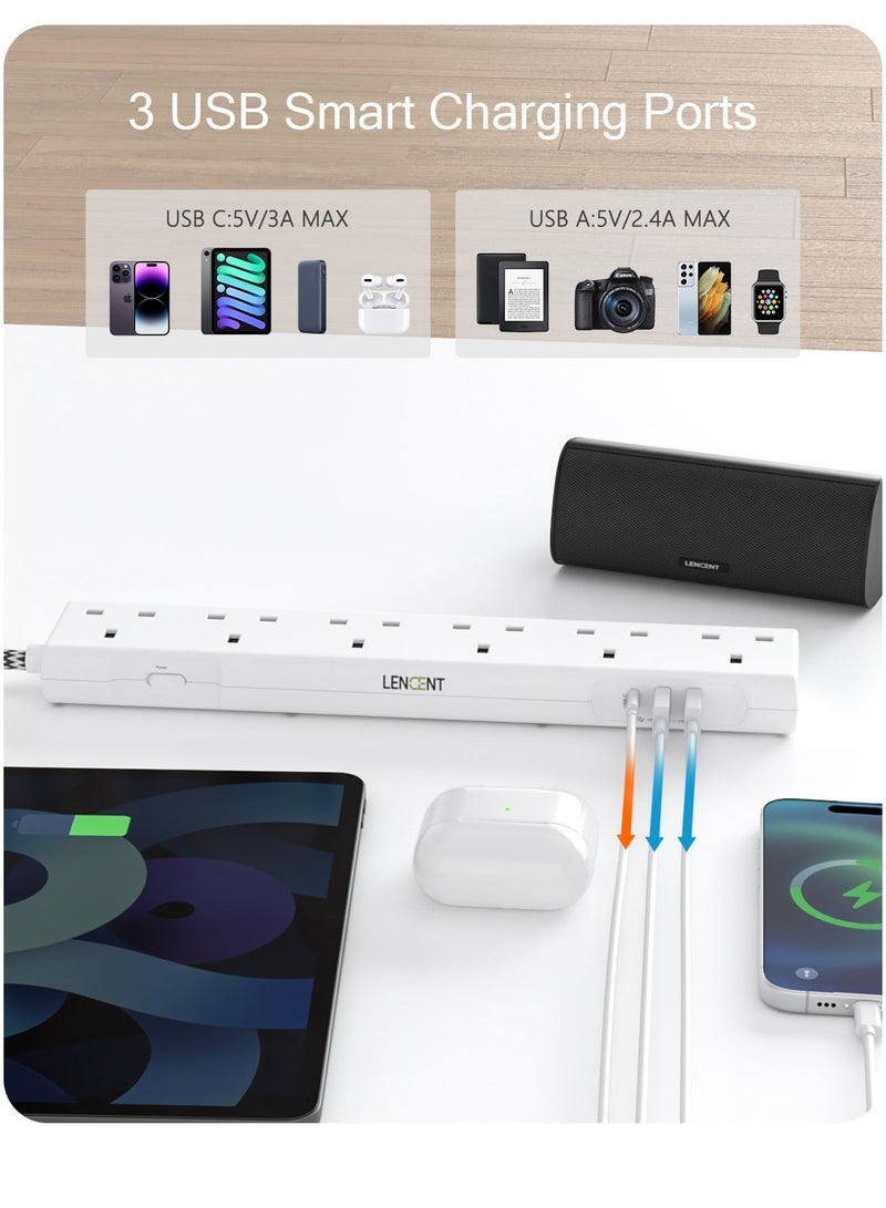 Lencent Extension Lead with USB C Port, 3250W 13A, 6 Way Outlets Power Strip with 1 USB-C and 2 USB Slots, Multi Power Plug Extension with 1.8M Braided Extension Cord for Home Office, White - Image 4