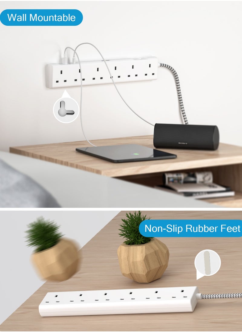 لينسينت - LENCENT وصلة تمديد مع منفذ USB C ، 3250 واط 13 أمبير ، 6 منافذ توصيل الطاقة مع 1 USB-C و 2 USB ، وصلة تمديد متعدد الطاقة مع سلك تمديد مضفر 1.8 متر للمنزل والمكتب ، أبيض - Image 1