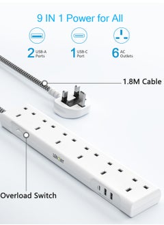 Lencent Extension Lead with USB C Port, 3250W 13A, 6 Way Outlets Power Strip with 1 USB-C and 2 USB Slots, Multi Power Plug Extension with 1.8M Braided Extension Cord for Home Office, White  - Image 2