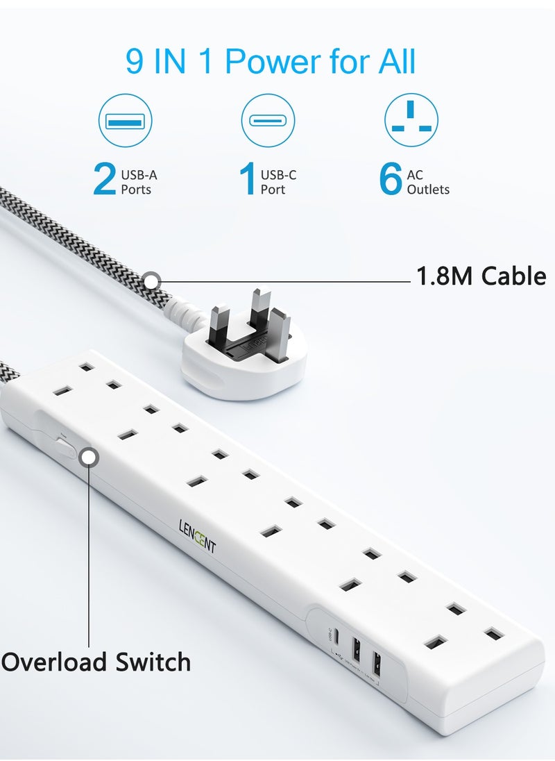 لينسينت - LENCENT وصلة تمديد مع منفذ USB C ، 3250 واط 13 أمبير ، 6 منافذ توصيل الطاقة مع 1 USB-C و 2 USB ، وصلة تمديد متعدد الطاقة مع سلك تمديد مضفر 1.8 متر للمنزل والمكتب ، أبيض - Image 1
