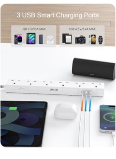 Lencent Extension Lead with USB C Port, 3250W 13A, 6 Way Outlets Power Strip with 1 USB-C and 2 USB Slots, Multi Power Plug Extension with 1.8M Braided Extension Cord for Home Office, White  - Image 4