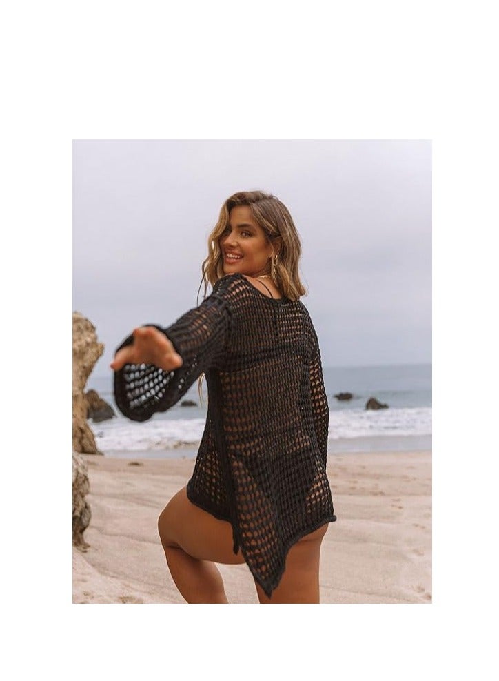 Womens Swimsuit Coverups 2024 Summer Crochet Bathing Suit Bikini Cover Up Long Sleeve Beachwear Tunic Tops Cash Mayo for Women - Image 2