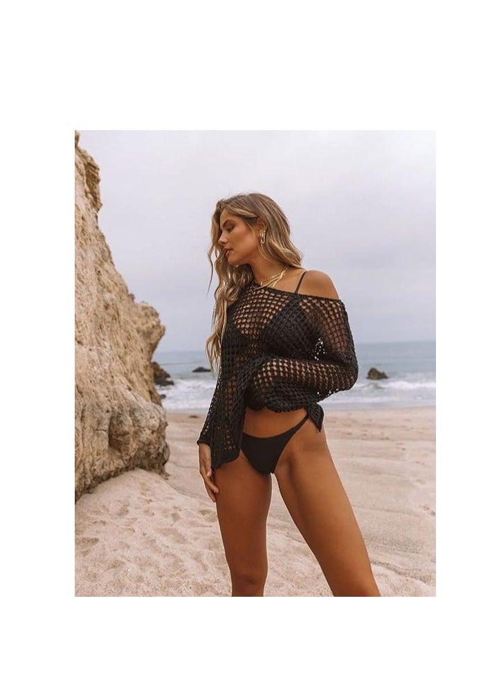 Womens Swimsuit Coverups 2024 Summer Crochet Bathing Suit Bikini Cover Up Long Sleeve Beachwear Tunic Tops Cash Mayo for Women - Image 5