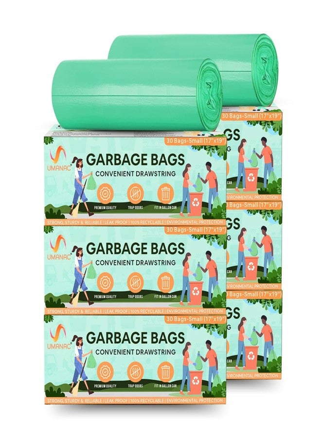 Umanac Garbage Bags - 30N | Small (17x19) | Green Trash Bags | 100% Recyclable | Heavy Duty Dustbin Bags | Leak-Proof | Odour Control | Detachable Drawstring | Pack of 6 - Image 1