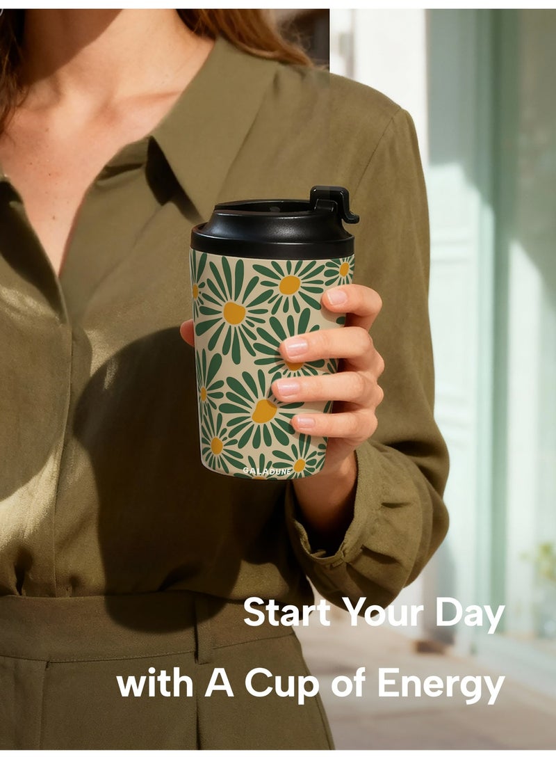 GALADUNE 12oz Coffee Mug,Stainless Steel Insulated, Leakproof Travel Mug, For Hot & Cold Drinks, Portable On-the-Go Cup, For Office Home School Travel, Green Flowers Design, Gift for Women Men - Image 2