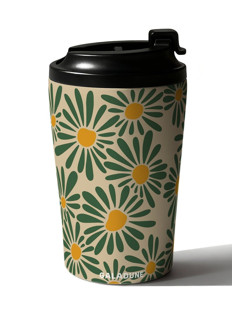 GALADUNE 12oz Coffee Mug,Stainless Steel Insulated, Leakproof Travel Mug, For Hot & Cold Drinks, Portable On-the-Go Cup, For Office Home School Travel, Green Flowers Design, Gift for Women Men - Image 1