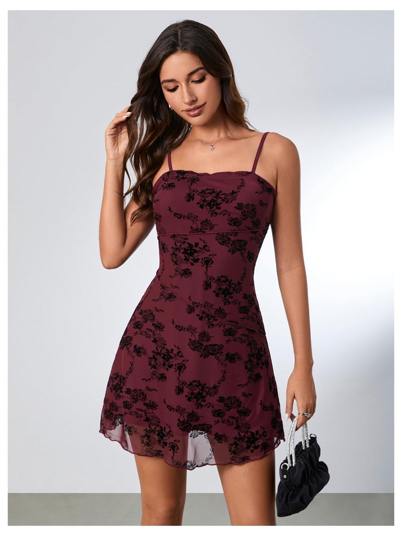 Verdusa Women's Mini Dress Floral Spaghetti Strap Mesh Short Dresses Going Out Sundress Y2k Gothic Clothes Burgundy Medium - Image 4
