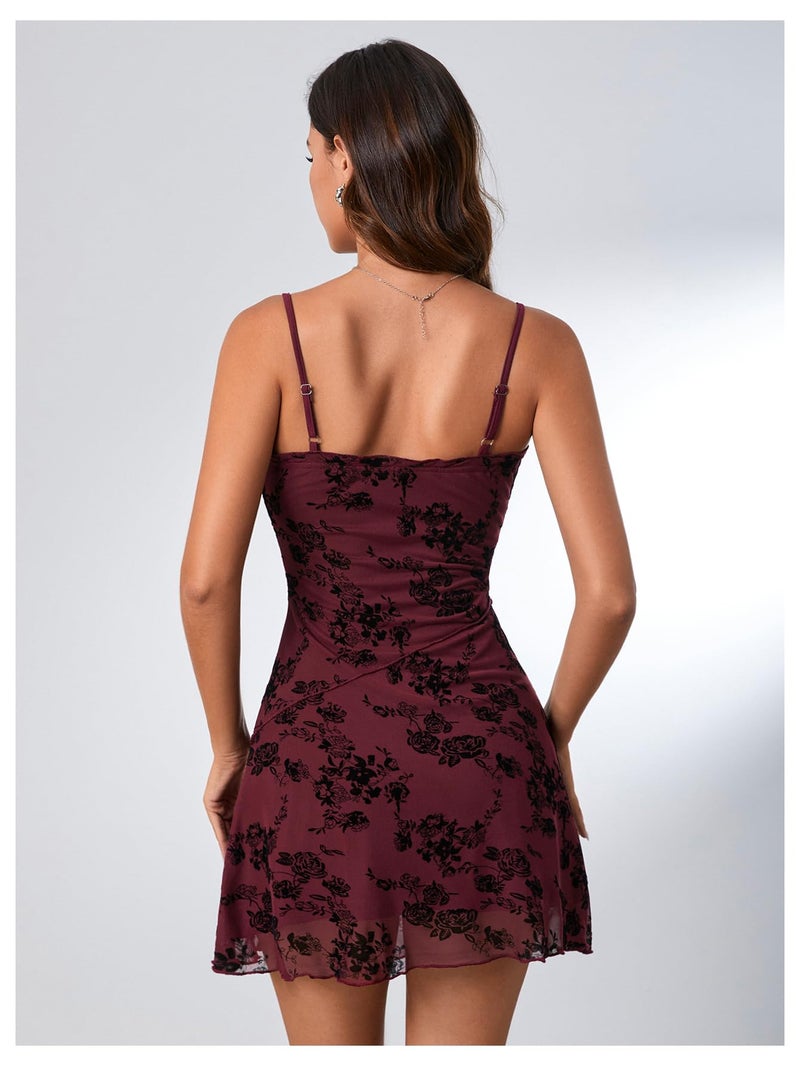 Verdusa Women's Mini Dress Floral Spaghetti Strap Mesh Short Dresses Going Out Sundress Y2k Gothic Clothes Burgundy Medium - Image 2