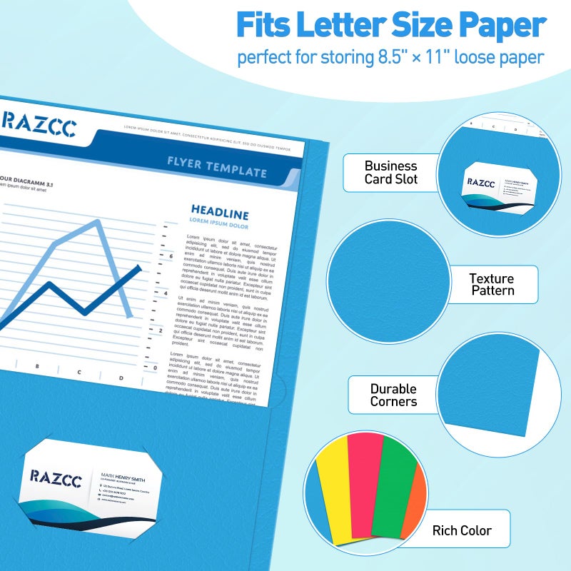 RAZCC Two Pocket Folders, RAZCC 30 Pack File Folders with Pockets Fit Letter Size Paper, Thick Paper File Folder for School Office Business Home, Assorted 5 Colors - Image 3