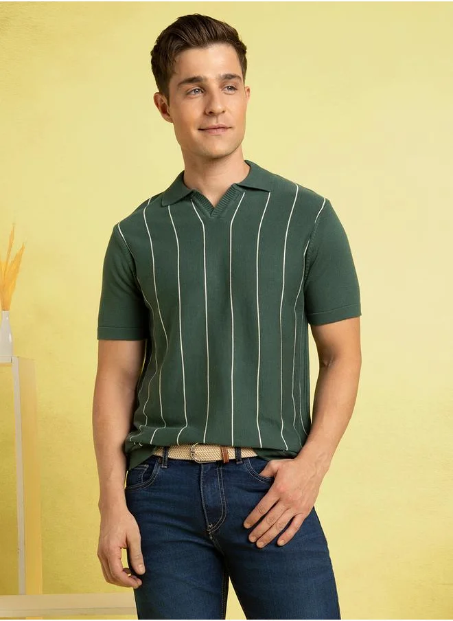 دينيس لينغو Modern Green Striped Polo T-Shirt for Men featuring a Jonny collar and vertical 2.5" stripe gaps, designed for a perfect blend of comfort and sophistication.