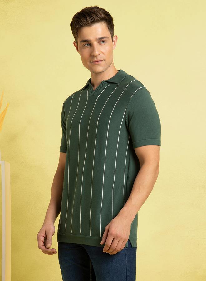 Dennis Lingo Men's Green 100% Cotton Striped Regular Fit T-Shirt  - Image 3