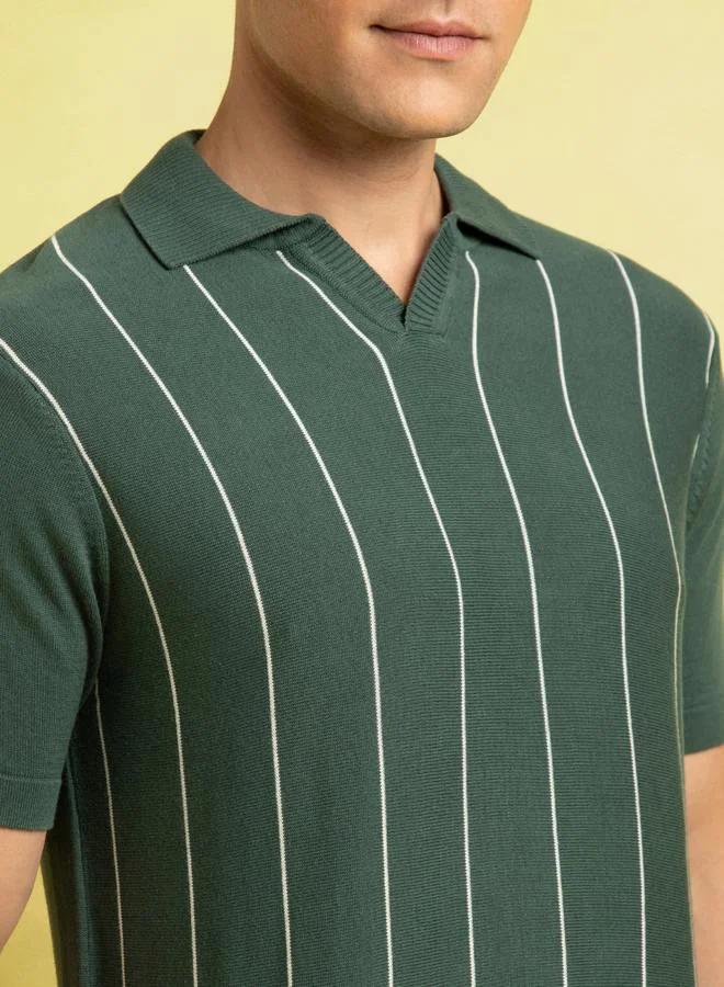 Dennis Lingo Men's Green 100% Cotton Striped Regular Fit T-Shirt