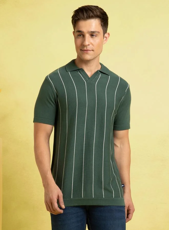 Dennis Lingo Men's Green 100% Cotton Striped Regular Fit T-Shirt