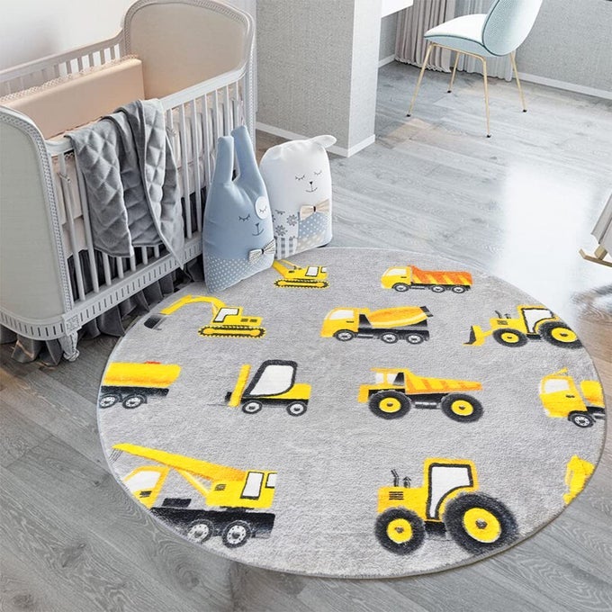 ROUND CONSTRUCTION TRUCKS KIDS AREA RUG SOFT FLUFFY KIDS CONSTRUCTION RUGS FOR PLAYROOM NONSLIP DIGGER NURSERY RUG FOR BOYS ROOM33FT