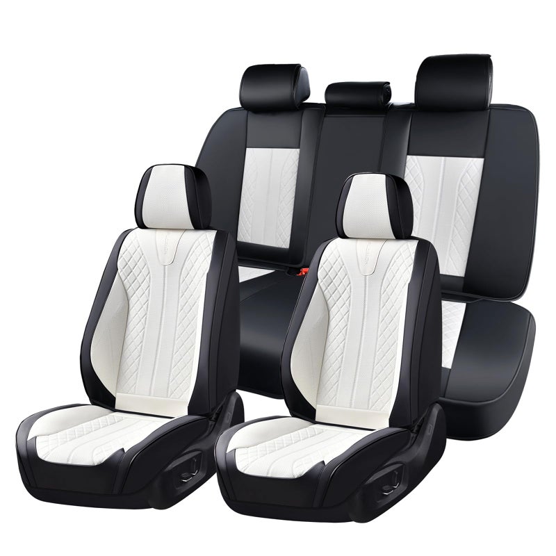 FLORICH Seat Covers Full Set Luxury Faux Leather Front and Rear Car Seat Cover Waterproof Automotive Seat Covers 5 Seats Car Seat Protector Universal Fit for Most Cars SUV Trucks, Black&White - Image 1