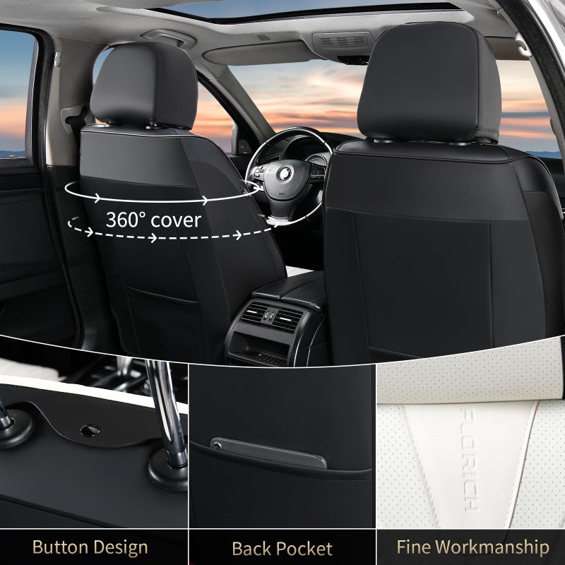 FLORICH Seat Covers Full Set Luxury Faux Leather Front and Rear Car Seat Cover Waterproof Automotive Seat Covers 5 Seats Car Seat Protector Universal Fit for Most Cars SUV Trucks, Black&White - Image 3