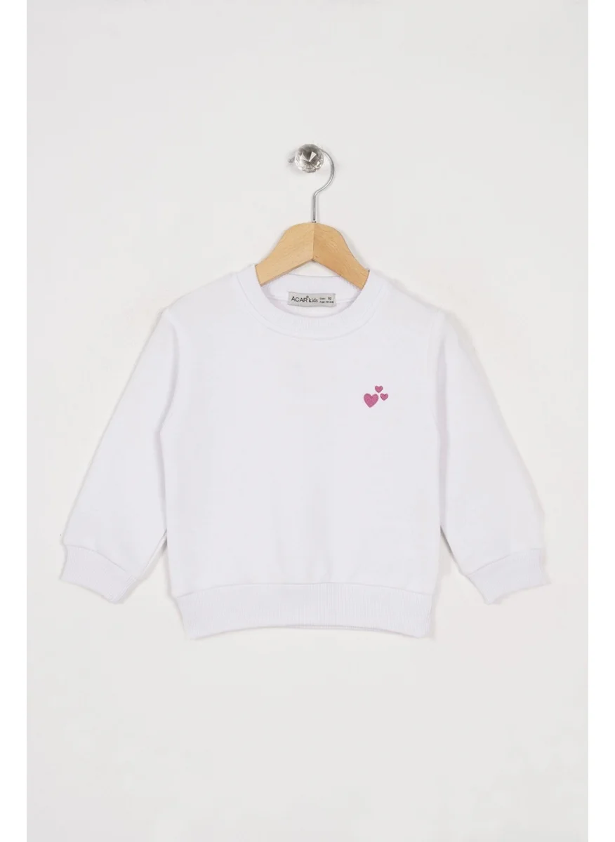 زيبكيدز Crew Neck Long Sleeve Heart Embroidered White Color Girls Sweatshirt
