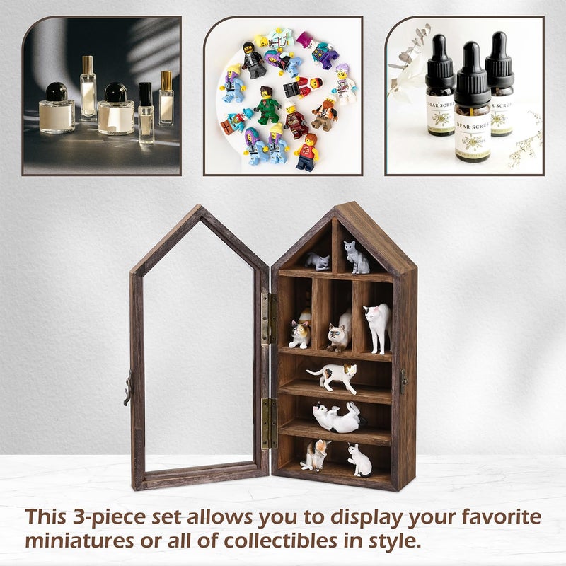 Ikee Design 3 Pcs Set Wall-Mounted House-Shaped Wooden Shadow Cubby Box Display Shelf with Door Storage Display Case for Collectibles, Trinkets, Mini Figures, Brown Color, 21.1W x 3.1D x 14.8H in - Image 5