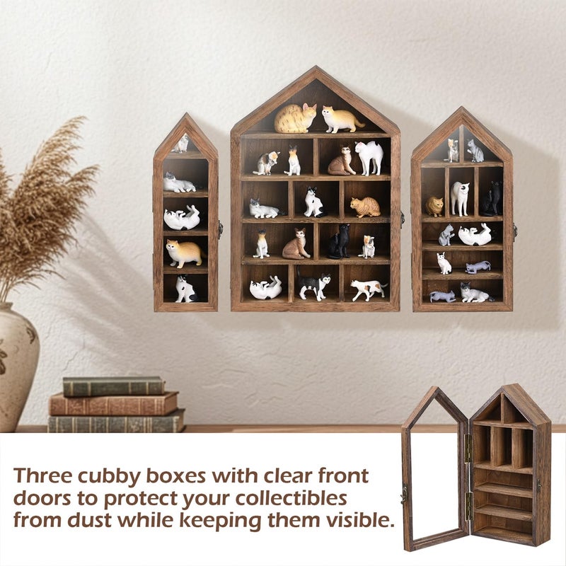 Ikee Design 3 Pcs Set Wall-Mounted House-Shaped Wooden Shadow Cubby Box Display Shelf with Door Storage Display Case for Collectibles, Trinkets, Mini Figures, Brown Color, 21.1W x 3.1D x 14.8H in - Image 4