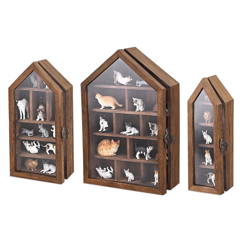 Ikee Design 3 Pcs Set Wall-Mounted House-Shaped Wooden Shadow Cubby Box Display Shelf with Door Storage Display Case for Collectibles, Trinkets, Mini Figures, Brown Color, 21.1W x 3.1D x 14.8H in - Image 1