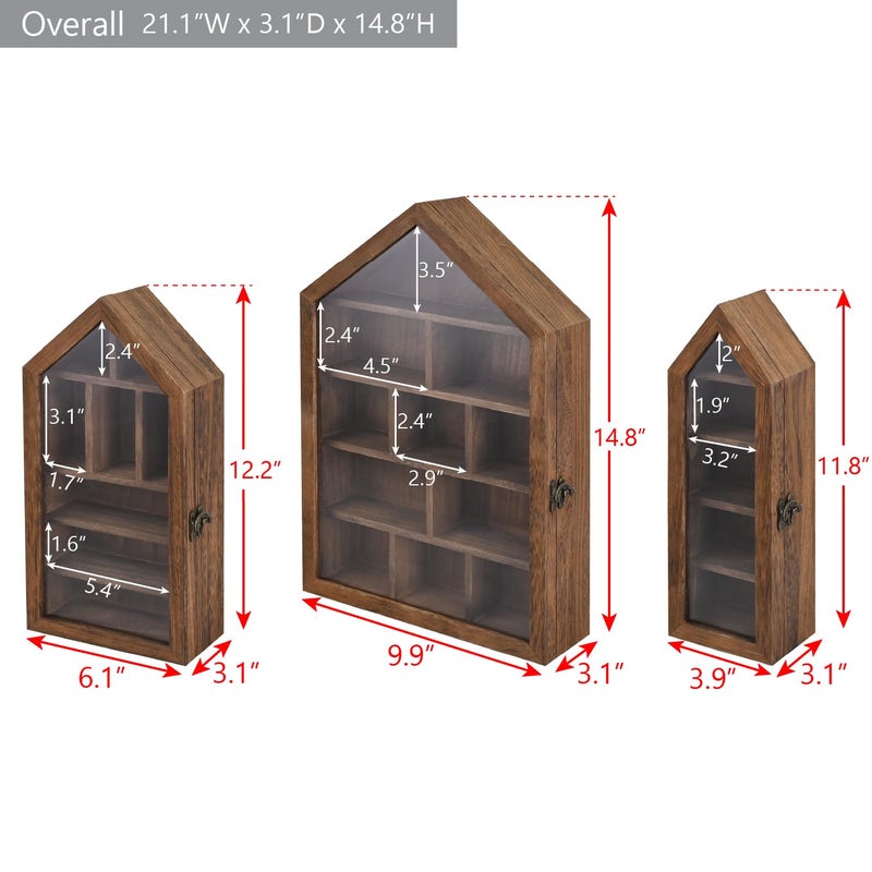 Ikee Design 3 Pcs Set Wall-Mounted House-Shaped Wooden Shadow Cubby Box Display Shelf with Door Storage Display Case for Collectibles, Trinkets, Mini Figures, Brown Color, 21.1W x 3.1D x 14.8H in - Image 2