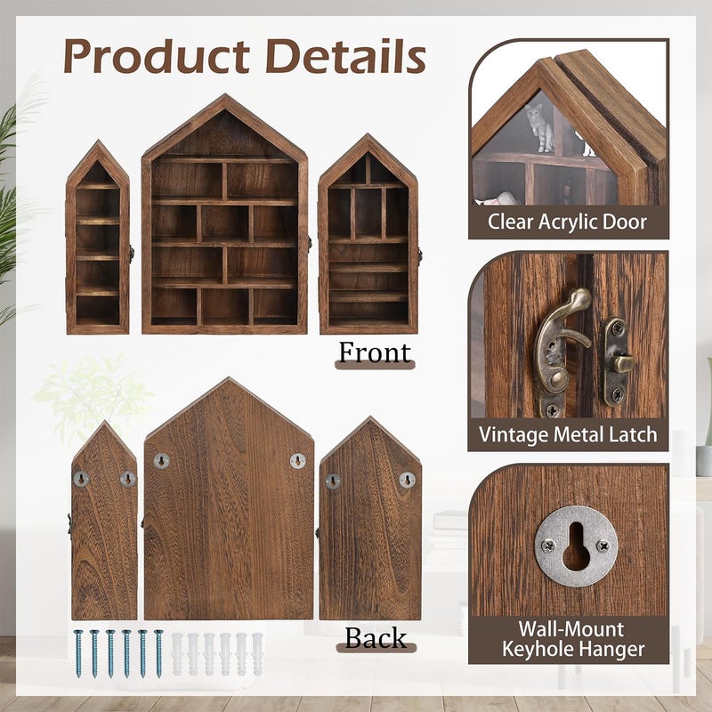 Ikee Design 3 Pcs Set Wall-Mounted House-Shaped Wooden Shadow Cubby Box Display Shelf with Door Storage Display Case for Collectibles, Trinkets, Mini Figures, Brown Color, 21.1W x 3.1D x 14.8H in - Image 3
