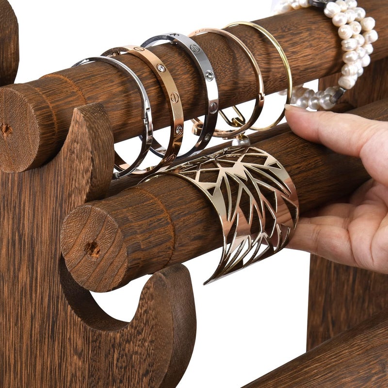 Ikee Design Antique Wooden 4 Tier Jewelry Bracelet Display Stand Bangle Scrunchie Organizer Holder for Store, Showcase and Home Storage, 12 W x 9 D x 14 H in, Brown Color - Image 5