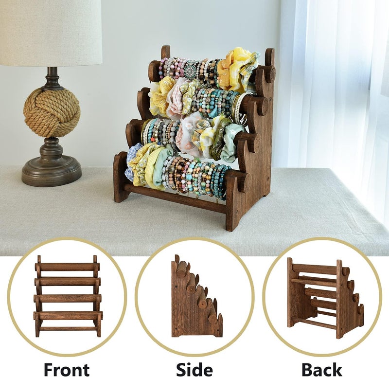 Ikee Design Antique Wooden 4 Tier Jewelry Bracelet Display Stand Bangle Scrunchie Organizer Holder for Store, Showcase and Home Storage, 12 W x 9 D x 14 H in, Brown Color - Image 3