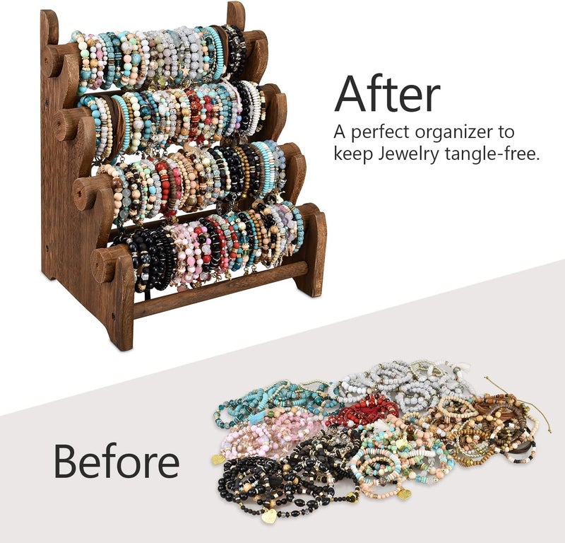 Ikee Design Antique Wooden 4 Tier Jewelry Bracelet Display Stand Bangle Scrunchie Organizer Holder for Store, Showcase and Home Storage, 12 W x 9 D x 14 H in, Brown Color - Image 4