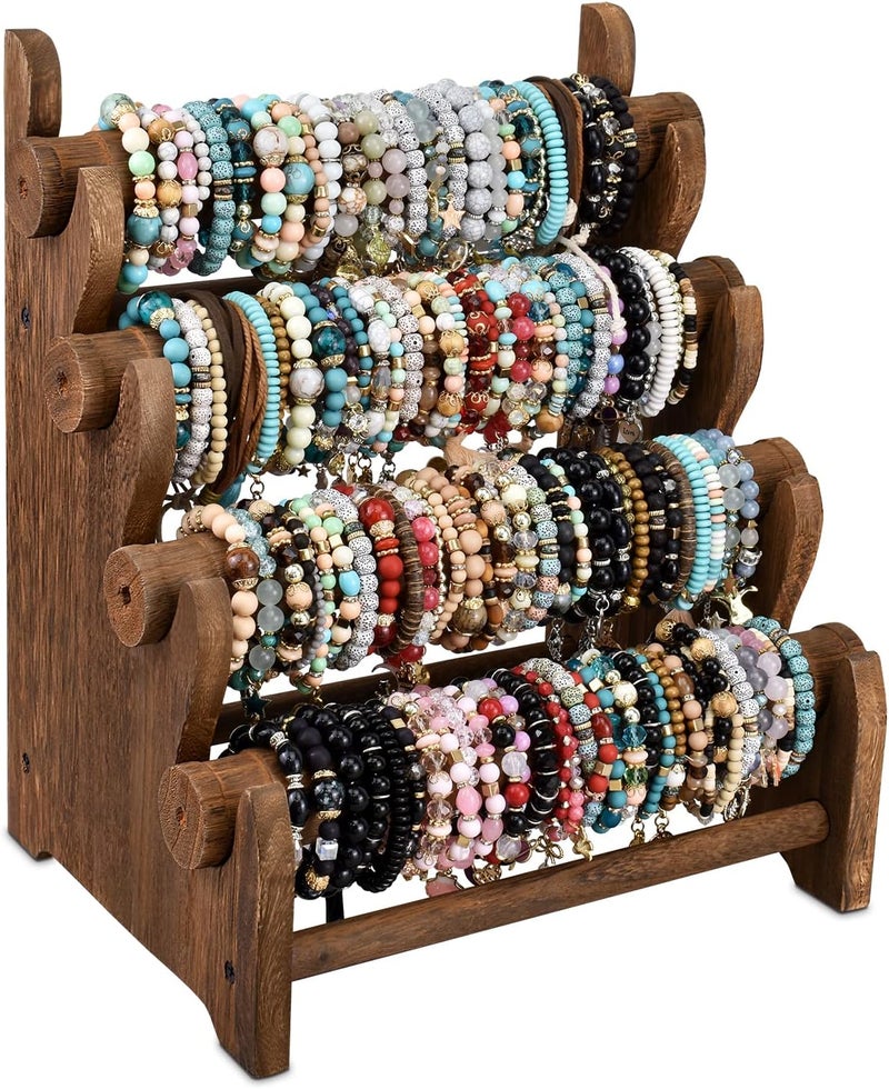 Ikee Design Antique Wooden 4 Tier Jewelry Bracelet Display Stand Bangle Scrunchie Organizer Holder for Store, Showcase and Home Storage, 12 W x 9 D x 14 H in, Brown Color - Image 1