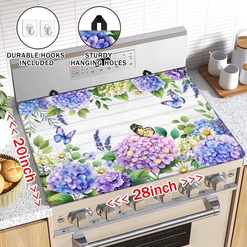 Seimip Spring Hydrangea Stove Top Cover Blue Flowers Gas Stove Top Cover for Home Decoration Kitchen Pad Floral Non-Stick Washable Cooktop Covers Countertop Protector Keep Stove Clean White - Image 3