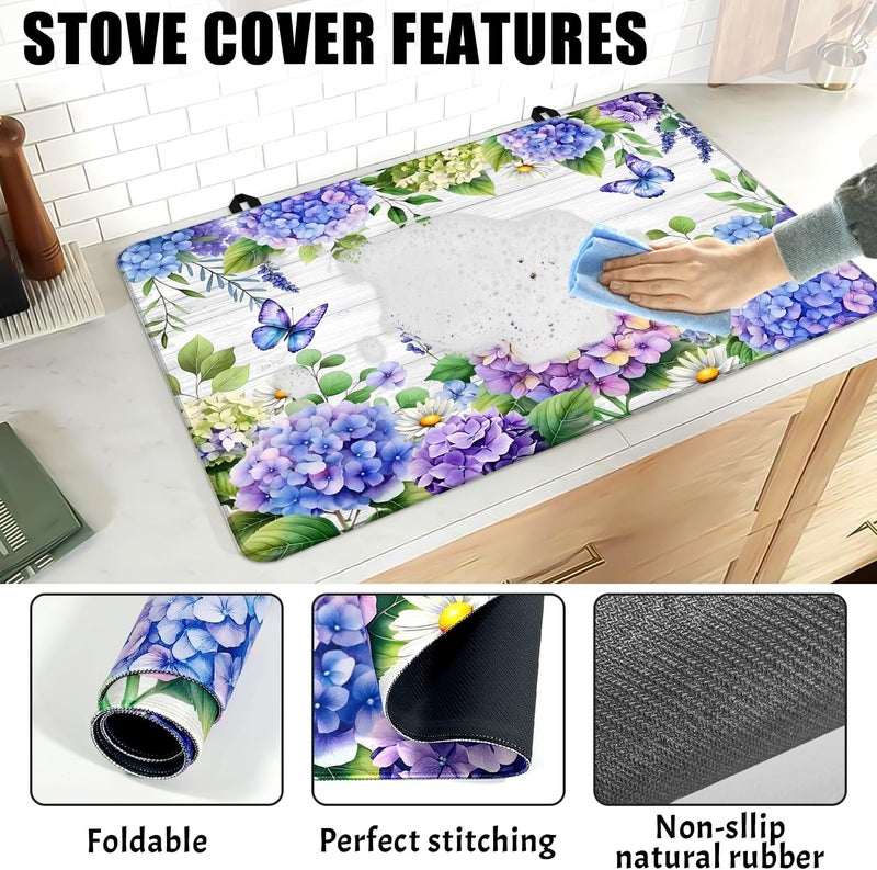 Seimip Spring Hydrangea Stove Top Cover Blue Flowers Gas Stove Top Cover for Home Decoration Kitchen Pad Floral Non-Stick Washable Cooktop Covers Countertop Protector Keep Stove Clean White - Image 4